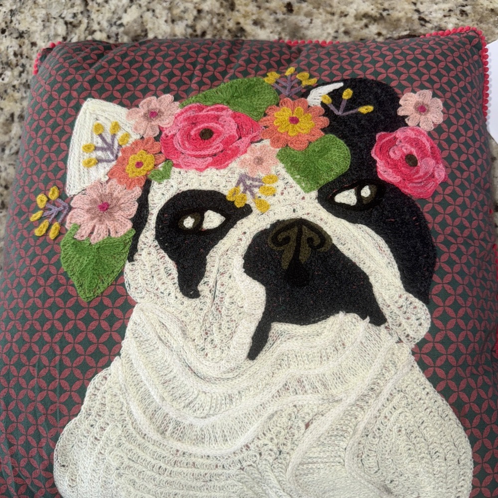 Karma Living Classic Embroidered Pug Pillow‎ Farm Floral Pillow 18"Bohemian 5153